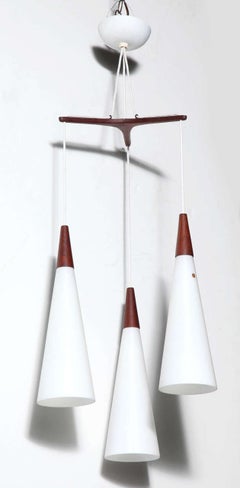 Pair Holm Sorensen Kastrup Teak Tri-Star with 3 White Glass Hanging Pendants