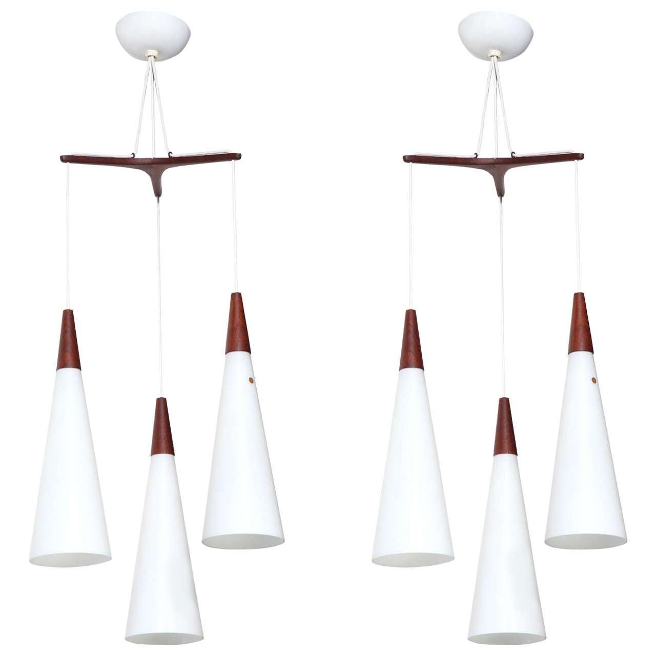 Pair Holm Sorensen Kastrup Triple White Glass & Teak Tri-Star Hanging Pendants