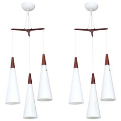 Pair Holm Sorensen for RAAK White Kastrup Glass & Teak Tristar Hanging Pendants