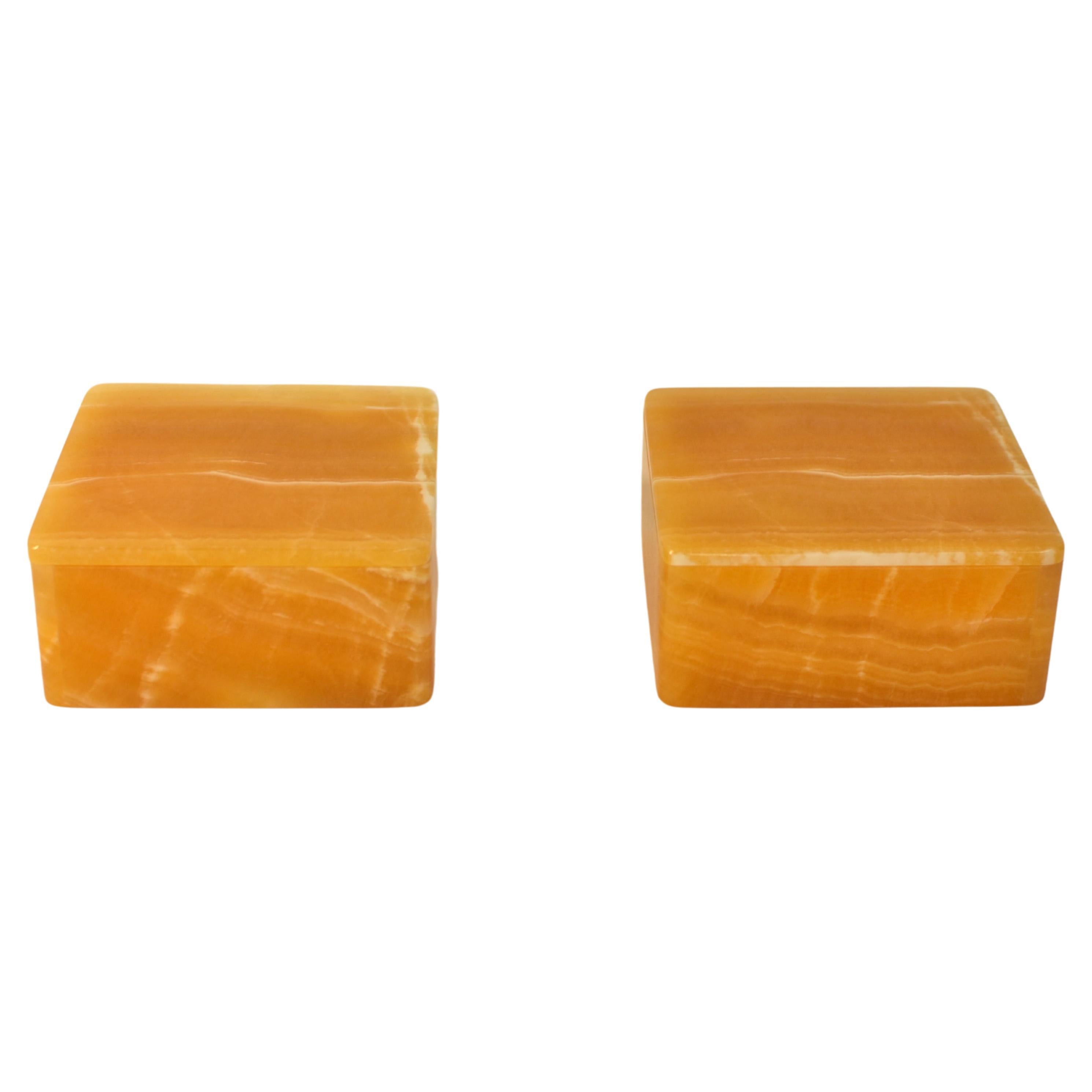 Pair Honey Calcite Onyx Box 4" Square For Sale