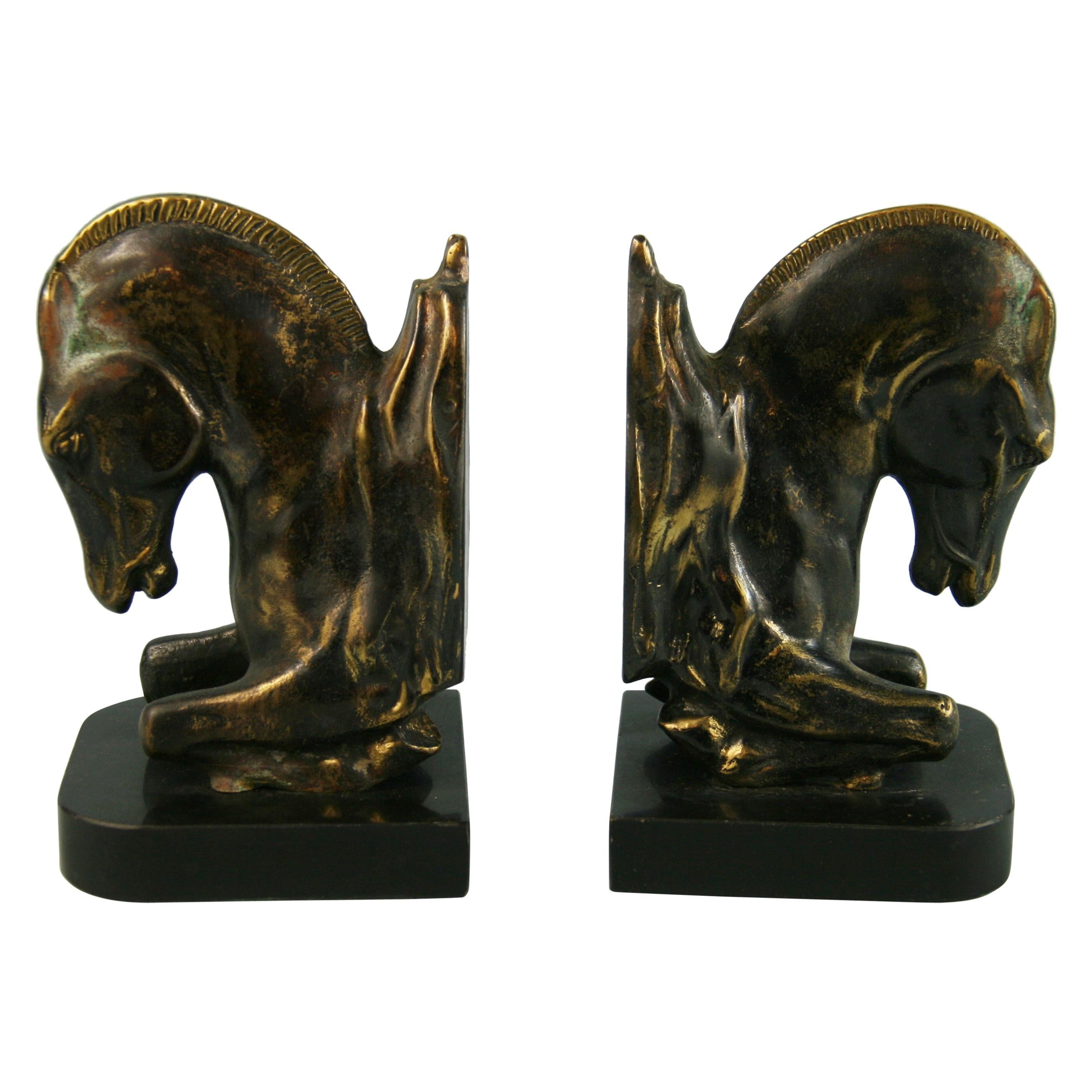 Pair Horse Bookends on Black Marble Base