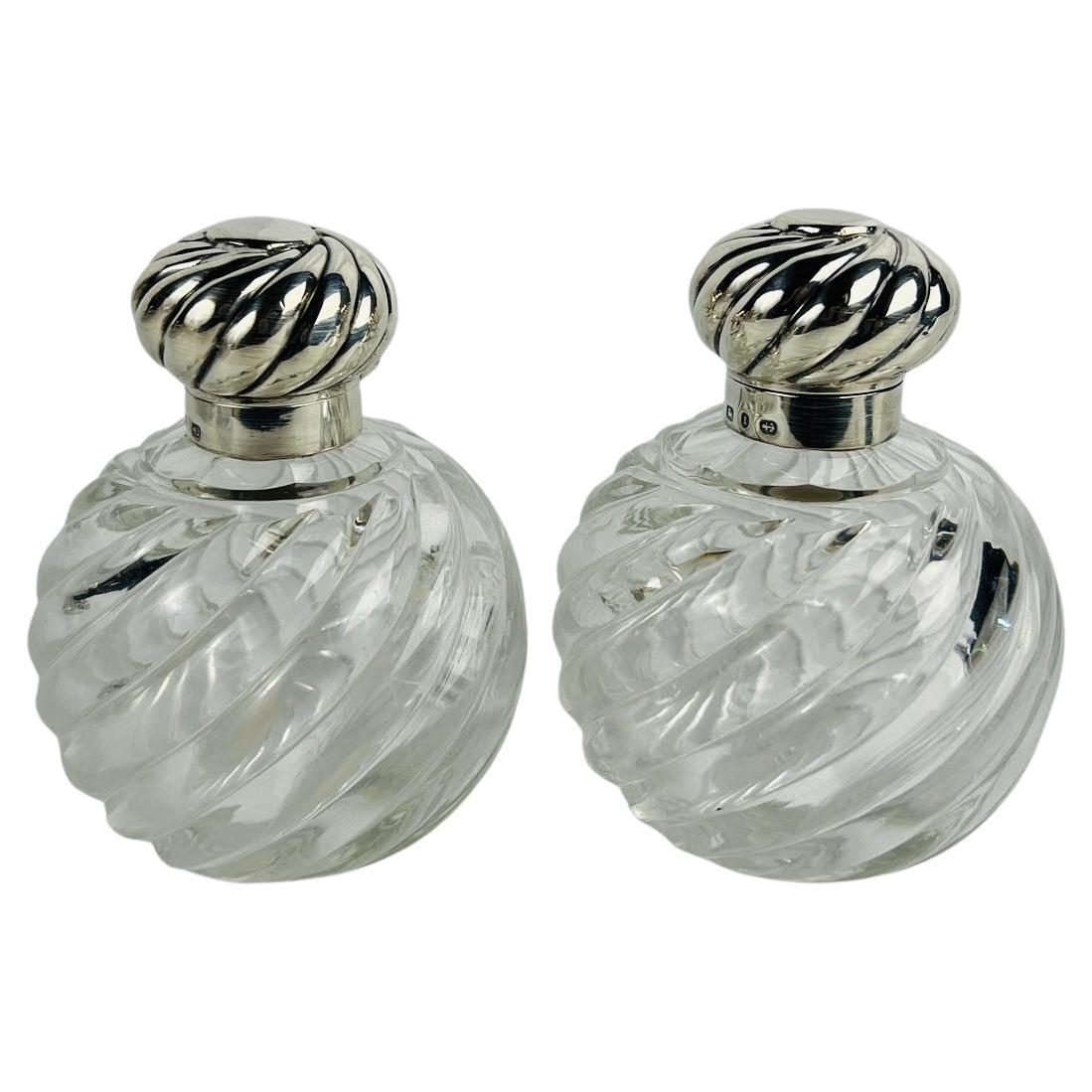 Pair, Horton & Allday Sterling Silver & Swirled Glass Perfume Bottles C. 1893