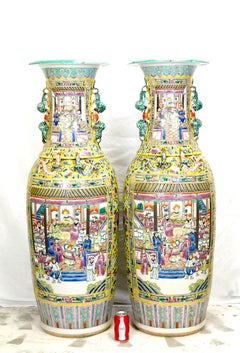 Pair Huge Chinese Qing Tongzhi Style Famille Jaune Figures Floor Porcelain Vase