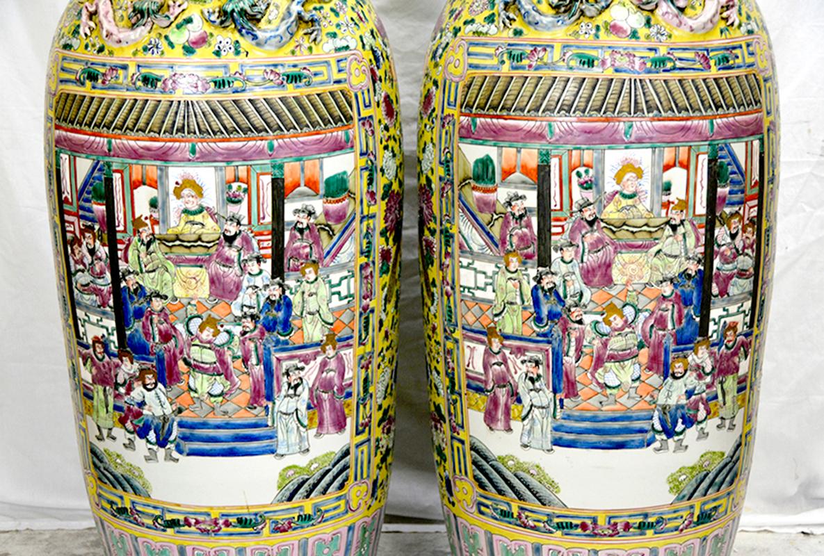 Pair Huge Chinese Qing Tongzhi Style Famille Jaune Figures Floor Porcelain Vase For Sale 1