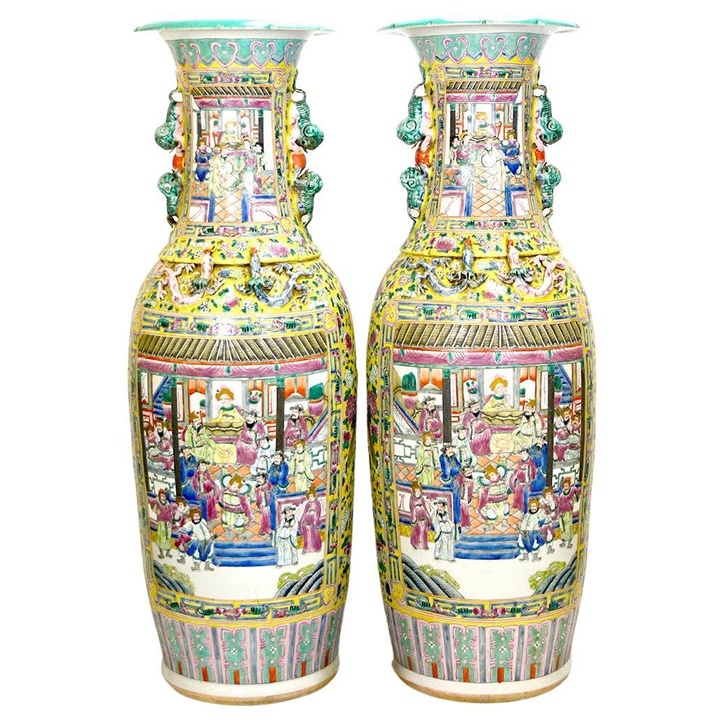 Pair Huge Chinese Qing Tongzhi Style Famille Jaune Figures Floor Porcelain Vase