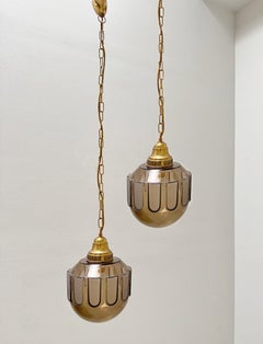 Pair Huge French Midcentury Brass & Smoked Glass Pendant Lights, 1960s, France