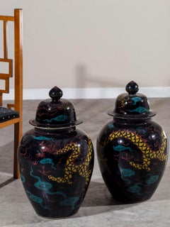Pair of Huge Modern Black Glazed Ceramic Dragon Chinese Temple Vases with Lids