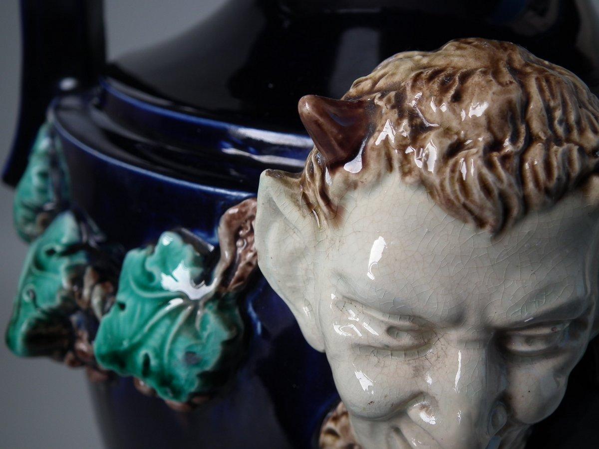 Pair of Hugo Lonitz Majolica Satyr Vases For Sale 12