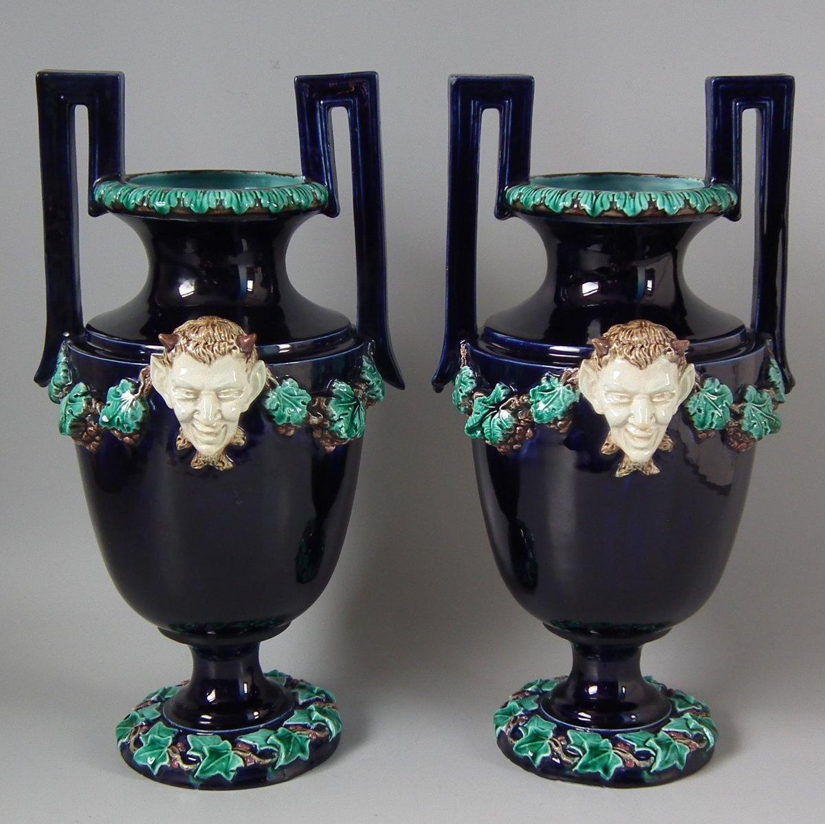 Victorian Pair of Hugo Lonitz Majolica Satyr Vases For Sale