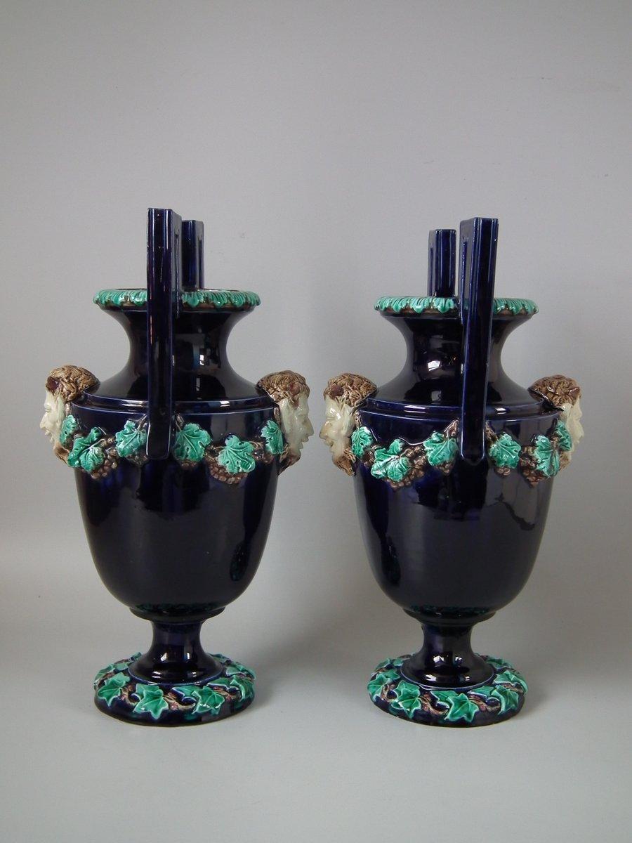 German Pair of Hugo Lonitz Majolica Satyr Vases For Sale