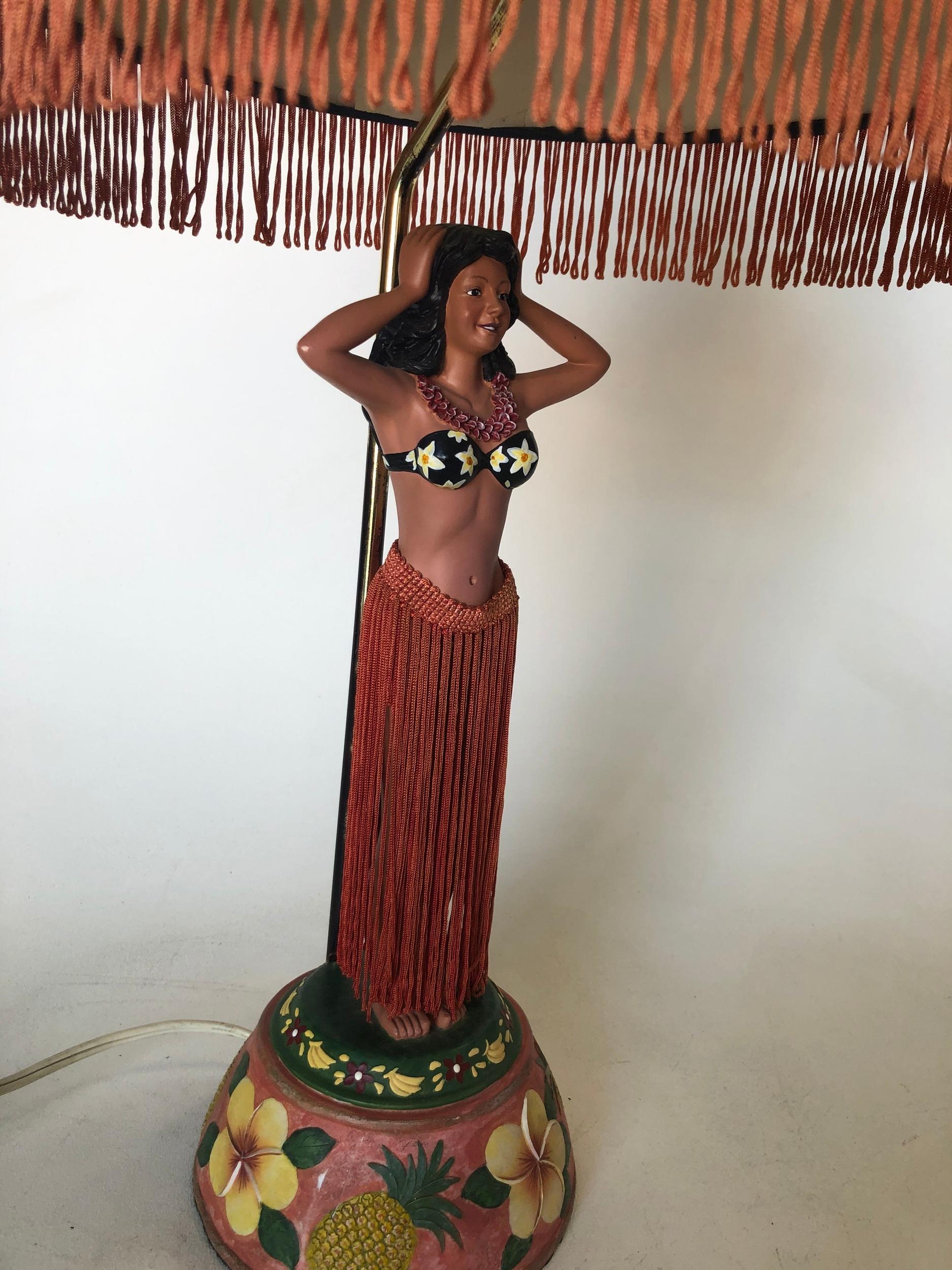 Pair of Hula Girl Resin Table Lamp with Floral Fringe Lamp Shades 3
