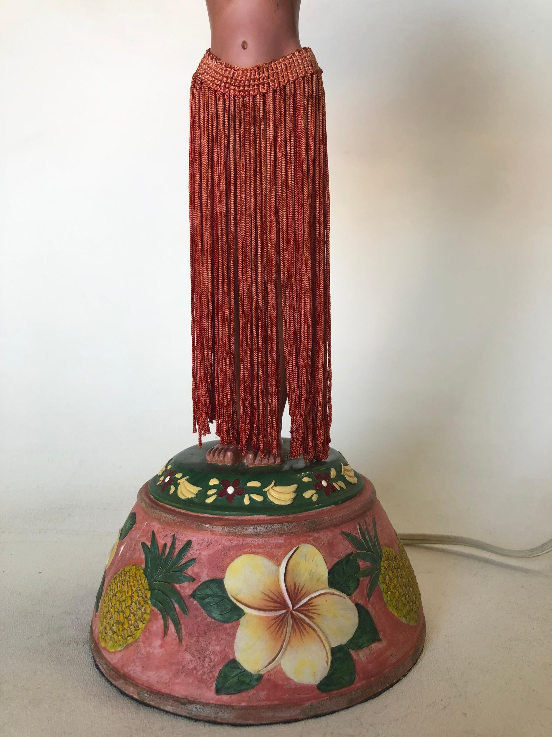 Pair of Hula Girl Resin Table Lamp with Floral Fringe Lamp Shades In Excellent Condition In Van Nuys, CA