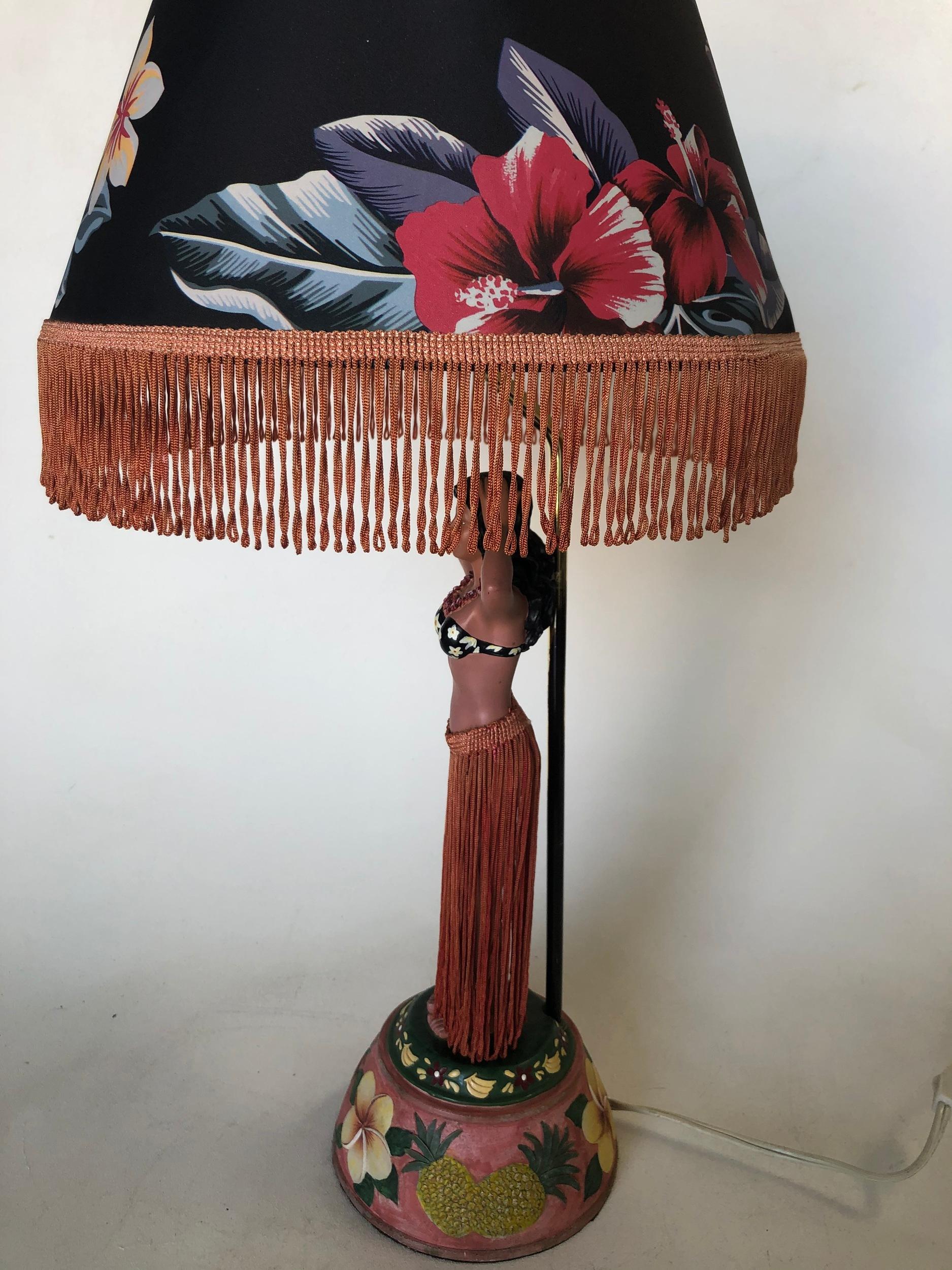 Mid-20th Century Pair of Hula Girl Resin Table Lamp with Floral Fringe Lamp Shades