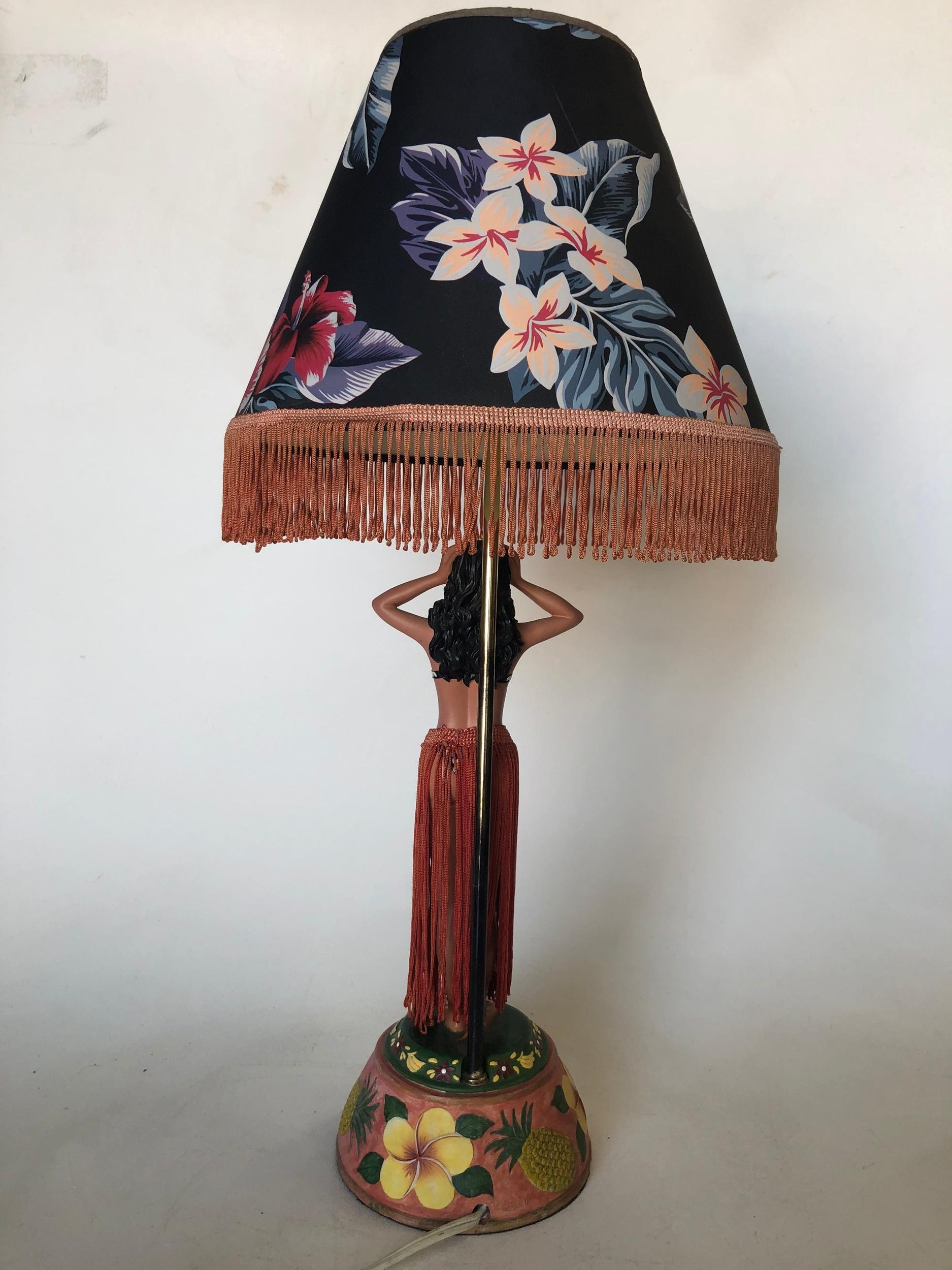 Pair of Hula Girl Resin Table Lamp with Floral Fringe Lamp Shades 1