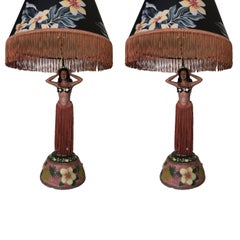 Pair of Hula Girl Resin Table Lamp with Floral Fringe Lamp Shades