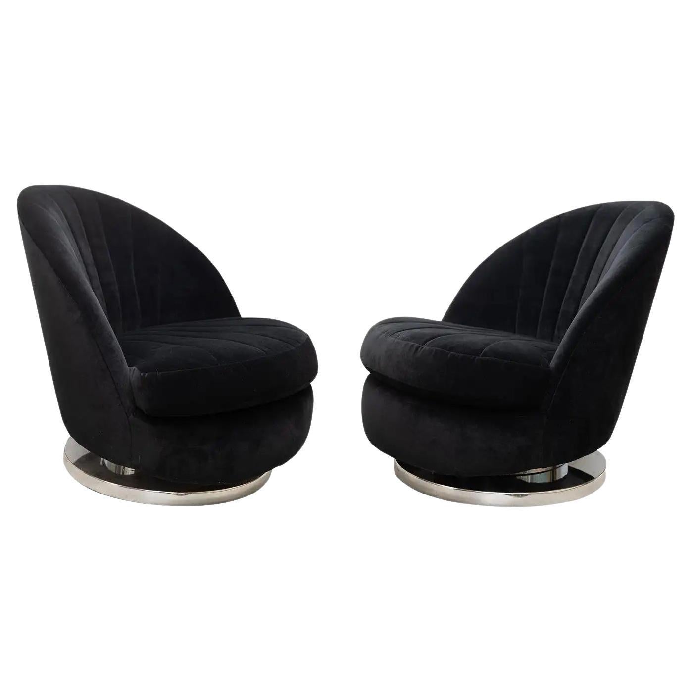 Pair Iconic Milo Baughman Swivel and Tilt Lounge Chairs in Black, Ca. 1975