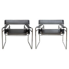 Pair Iconic Wassily Chairs B3, Marcel Breuer for Knoll, Black Leather, Signed