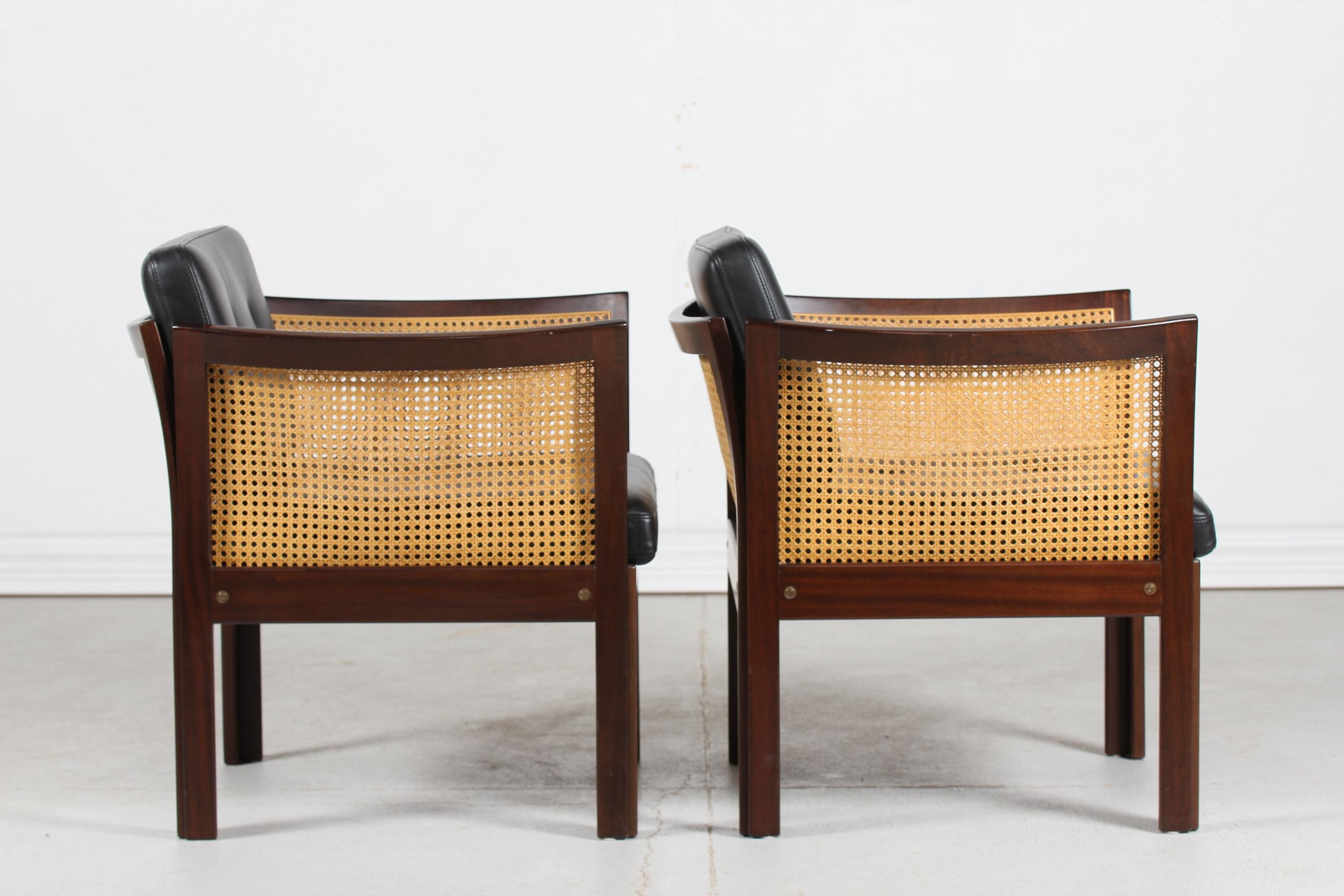 Danish Pair Illum Wikkelsø Plexus Chair of Mahogany Black Leather Upholstery, Denmark