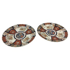 Pair Imari Porcelain Chargers w/Four Hand Painted Panels and Scalloped Edges