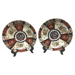 Pair Imari Porcelain Chargers w/Four Hand Painted Panels and Scalloped Edges