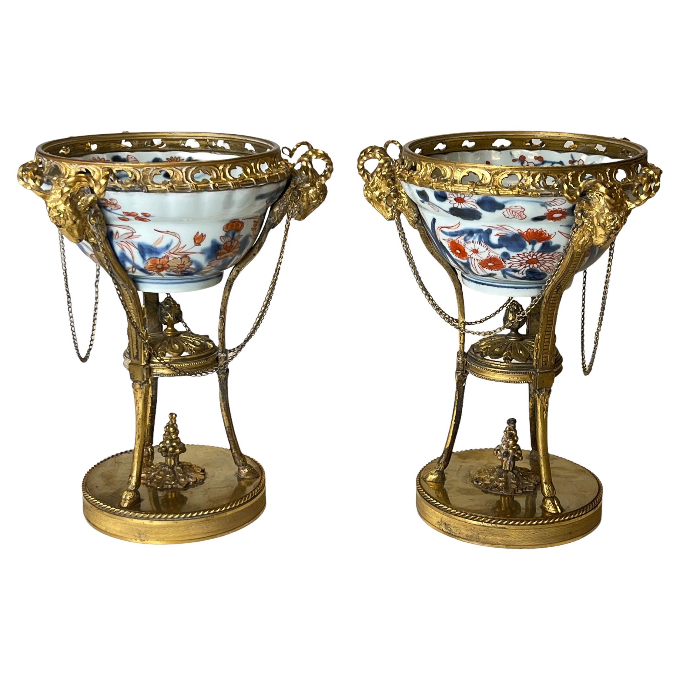 Pair Imari Porcelain Potpourri Bowls with Gilt Bronze Louis XVI Style Stands