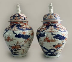 Pair of Imari Vases with Lids and Foo Dog Finials