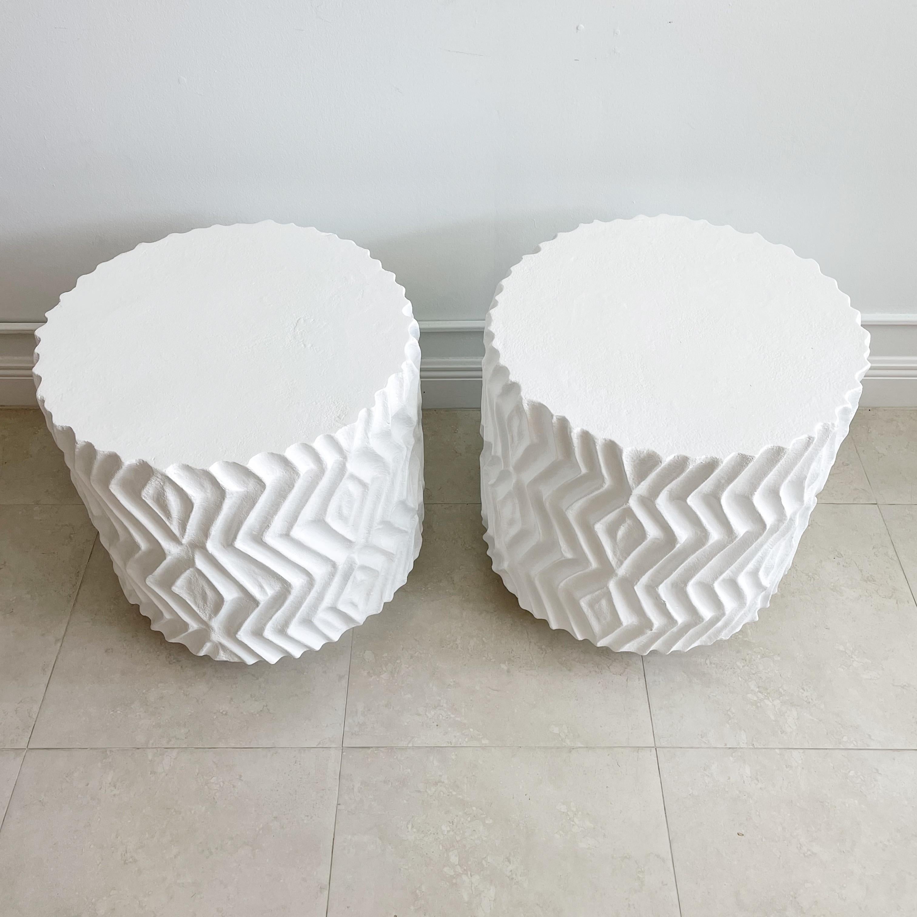 Mid-Century Modern Pair Incised Plaster Cylindrycal Pedestal End Tables