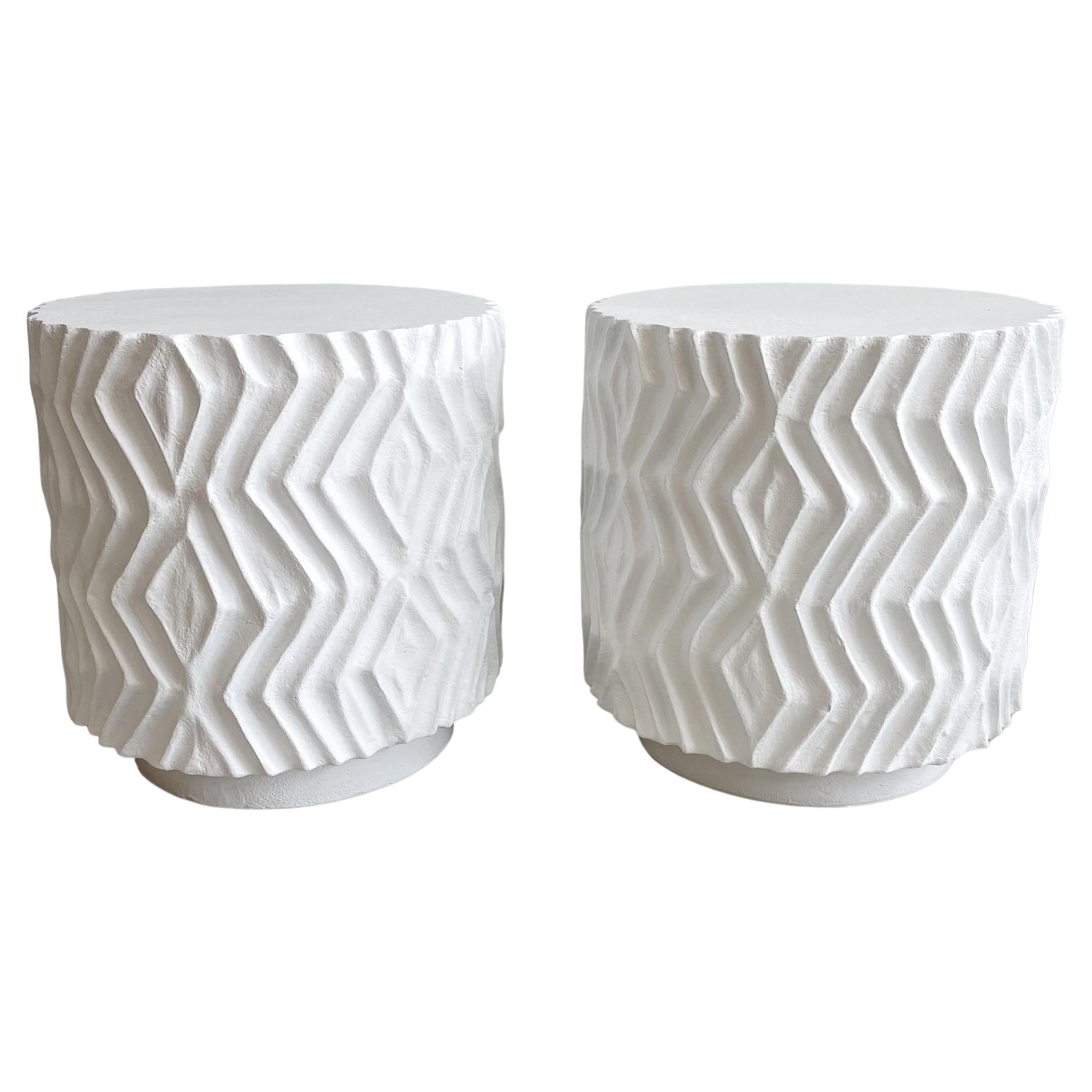 Pair Incised Plaster Cylindrycal Pedestal End Tables