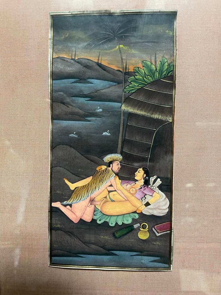 Pair Indian Erotic Kama Sutra Tantric Gouache Paintings in Giltwood Frames 1
