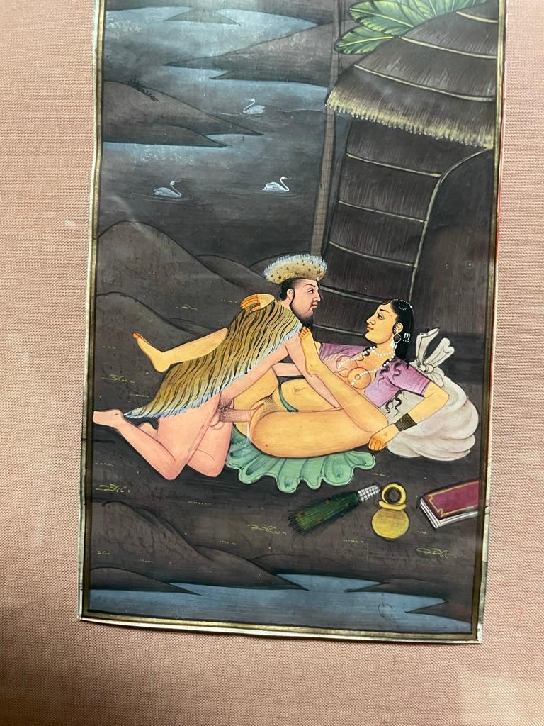Pair Indian Erotic Kama Sutra Tantric Gouache Paintings in Giltwood Frames 2