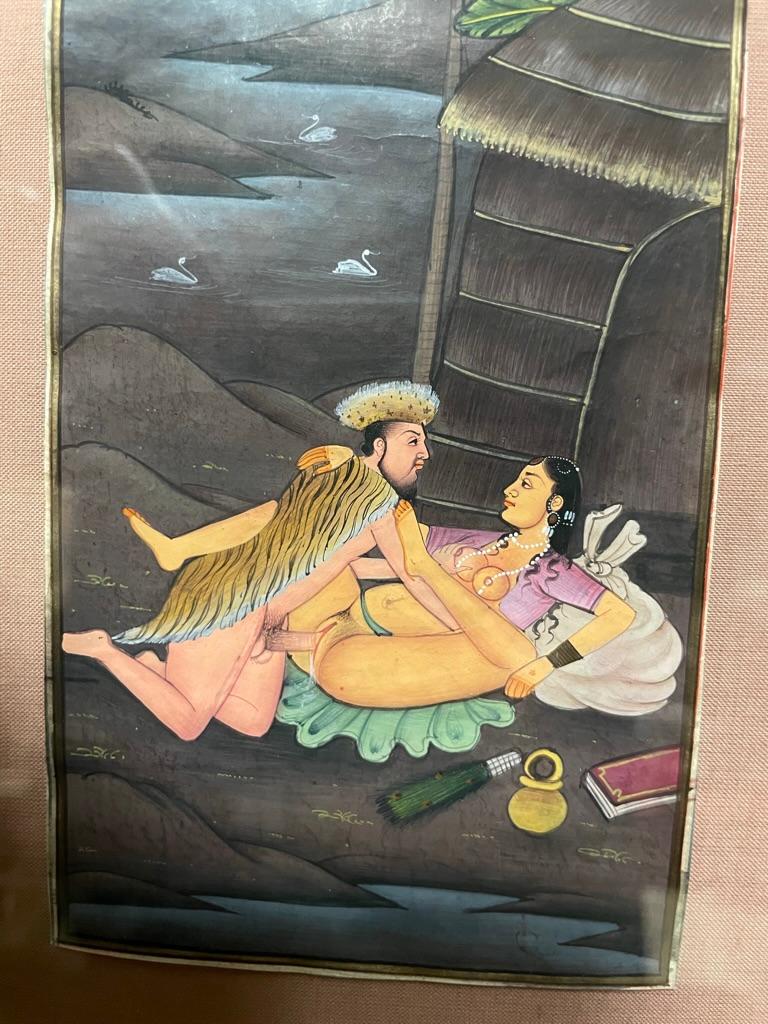 Pair Indian Erotic Kama Sutra Tantric Gouache Paintings in Giltwood Frames 3