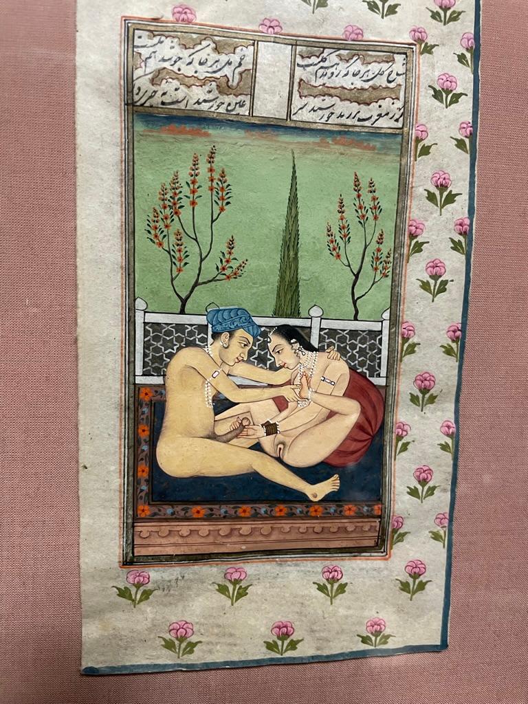 Anglo-Indian Pair Indian Erotic Kama Sutra Tantric Gouache Paintings in Giltwood Frames