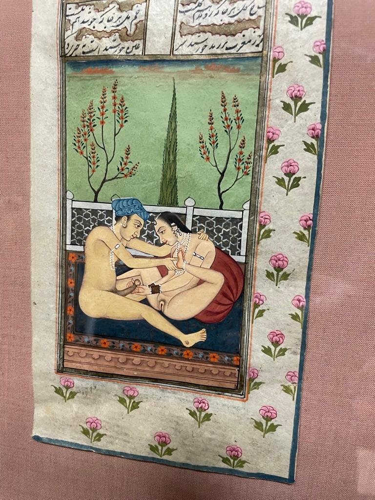 Pair Indian Erotic Kama Sutra Tantric Gouache Paintings in Giltwood Frames In Good Condition In Stamford, CT