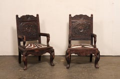 Pair Indian Mid-Century Elaborately-Carved Wood Armchairs w/Upholstered Seats