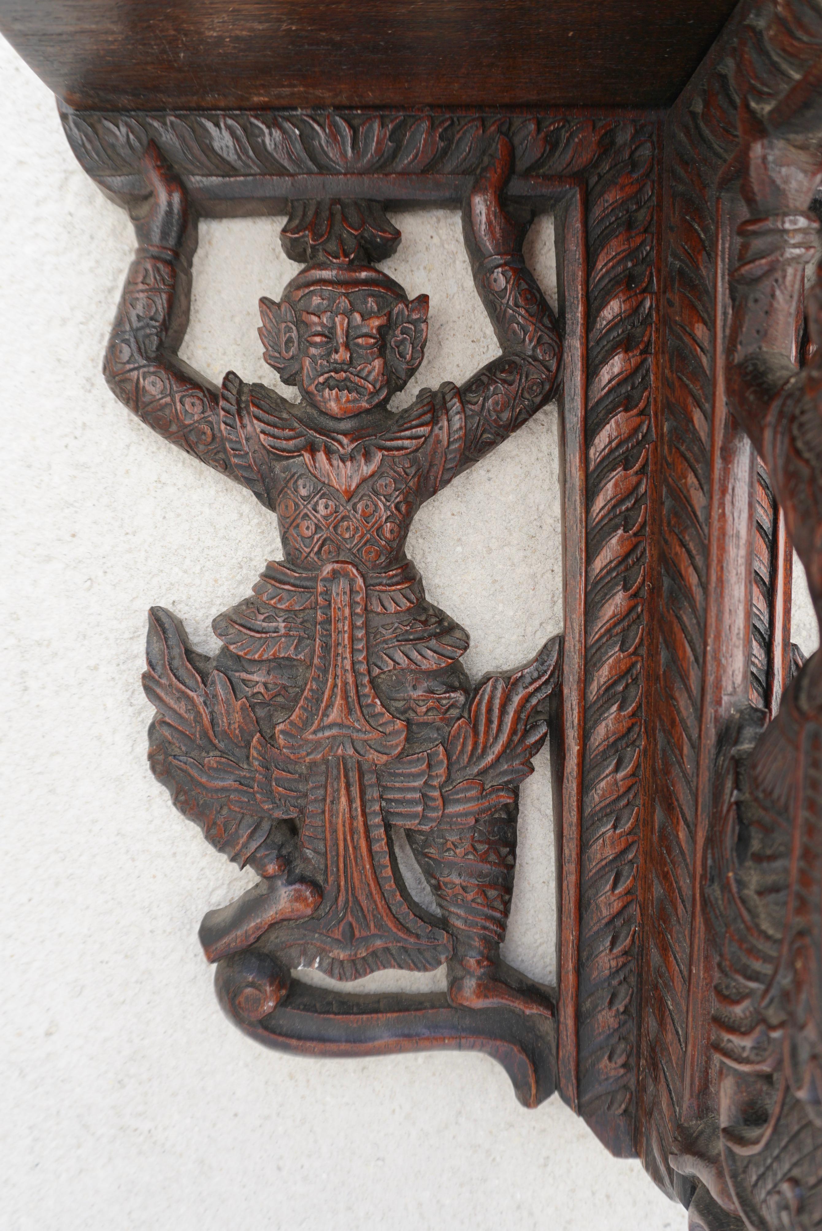 Wood Pair Indonesian Carved Figural Wall Console Brackets For Sale