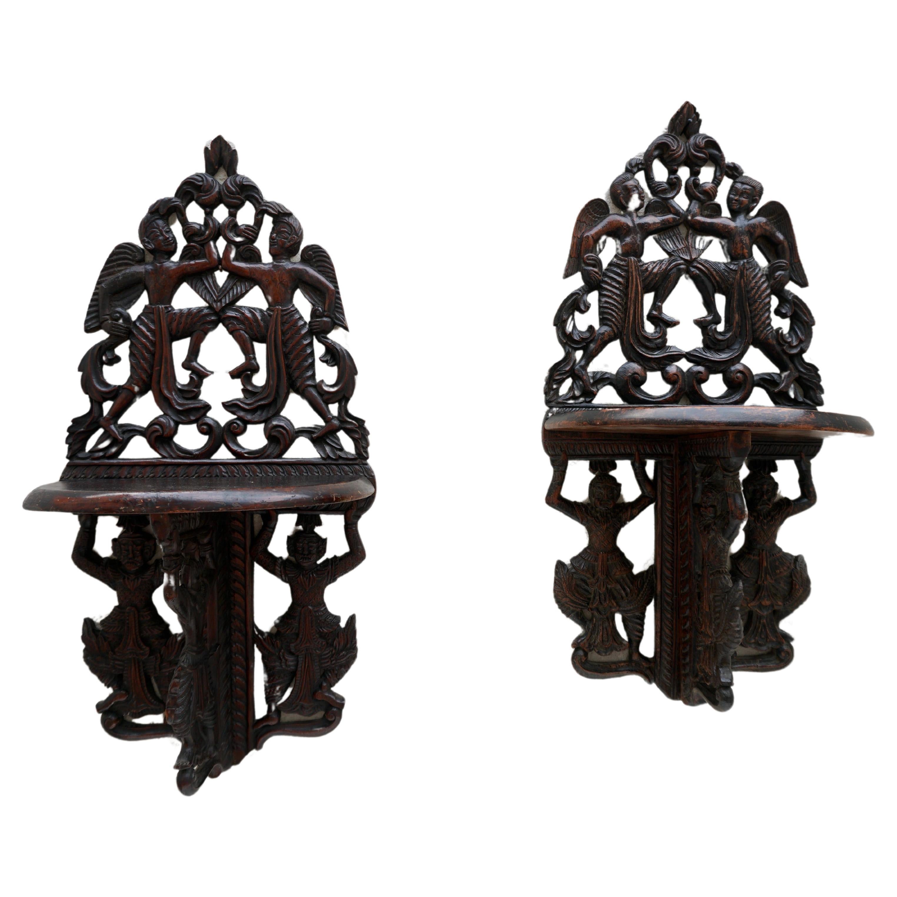 Pair Indonesian Carved Figural Wall Console Brackets For Sale