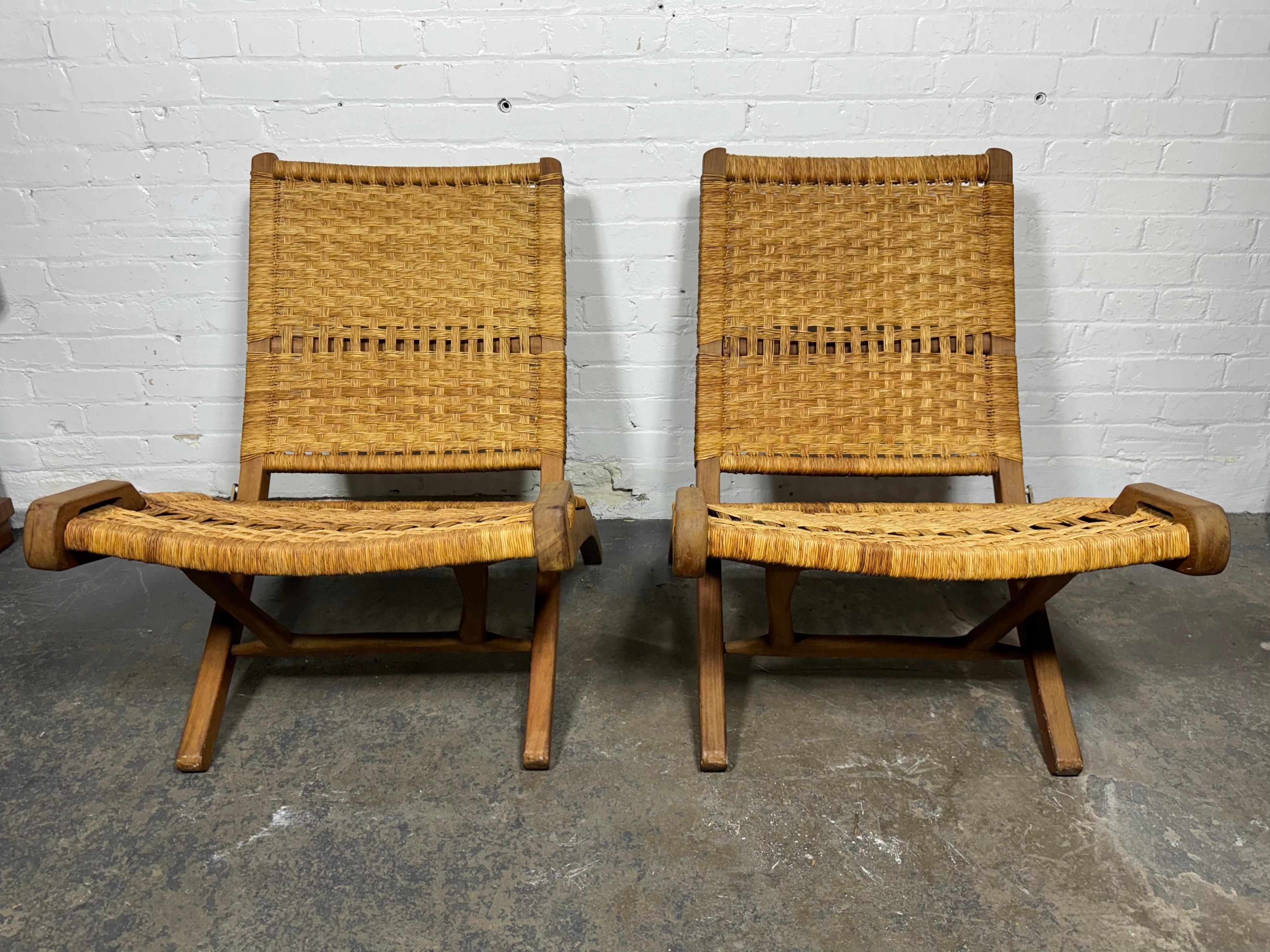 Paar Indoor/outdoor Modernist Hans Wegner Style faltbare Lounge Stühle/ Jute im Angebot 2