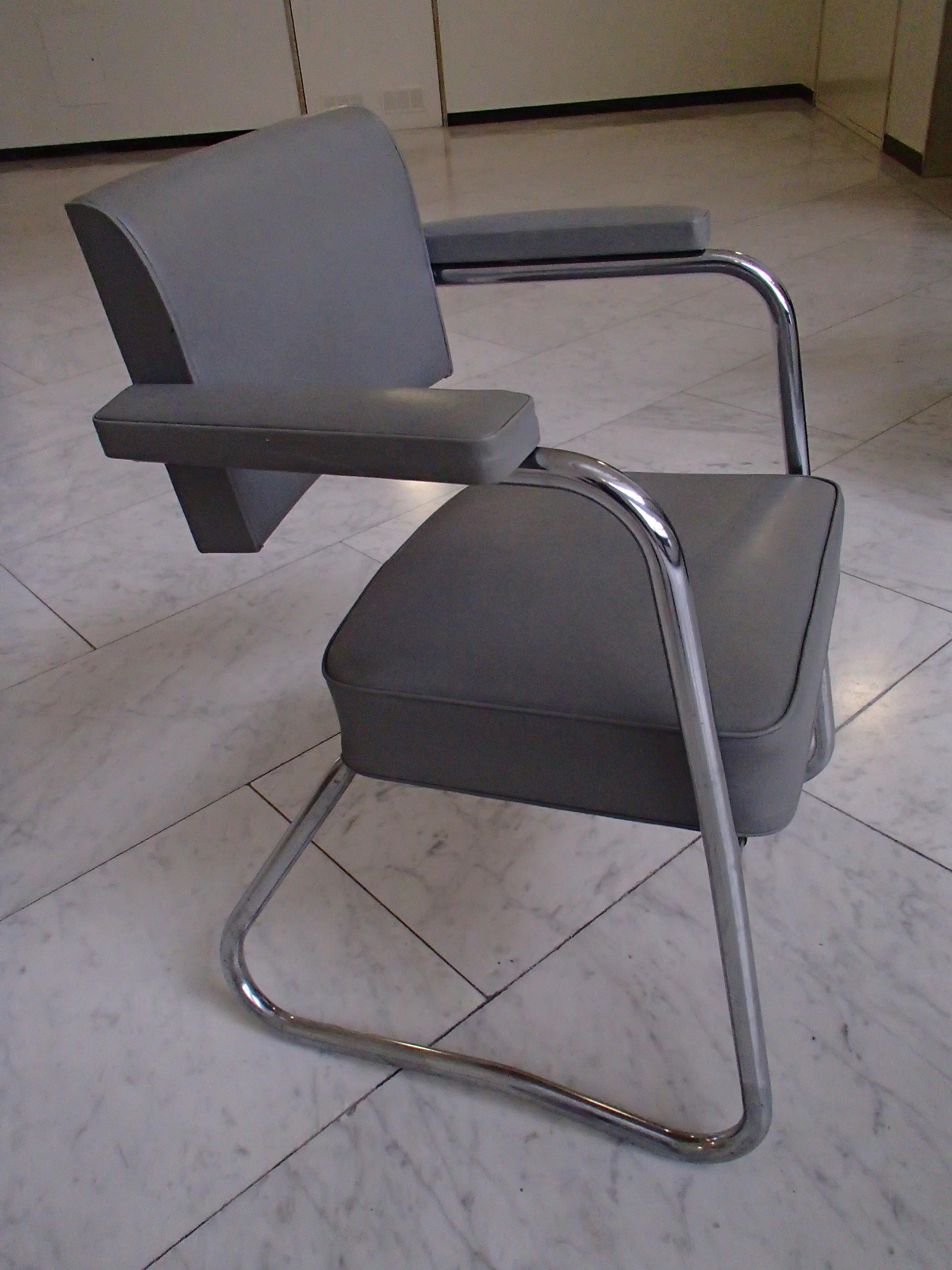 Pair of industrial Bauhaus armchairs chrome and grey leatherette.
