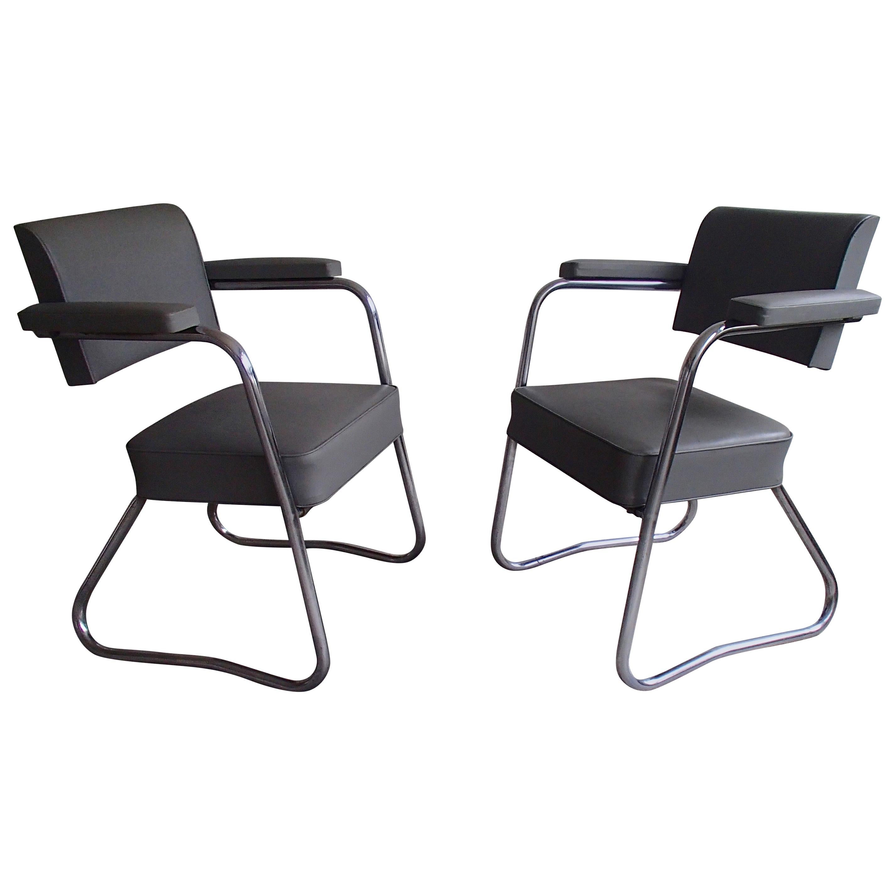 Pair of Industrial Bauhaus Armchairs Chrome and Grey Leatherette