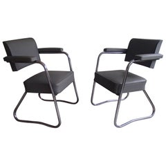 Pair of Industrial Bauhaus Armchairs Chrome and Grey Leatherette