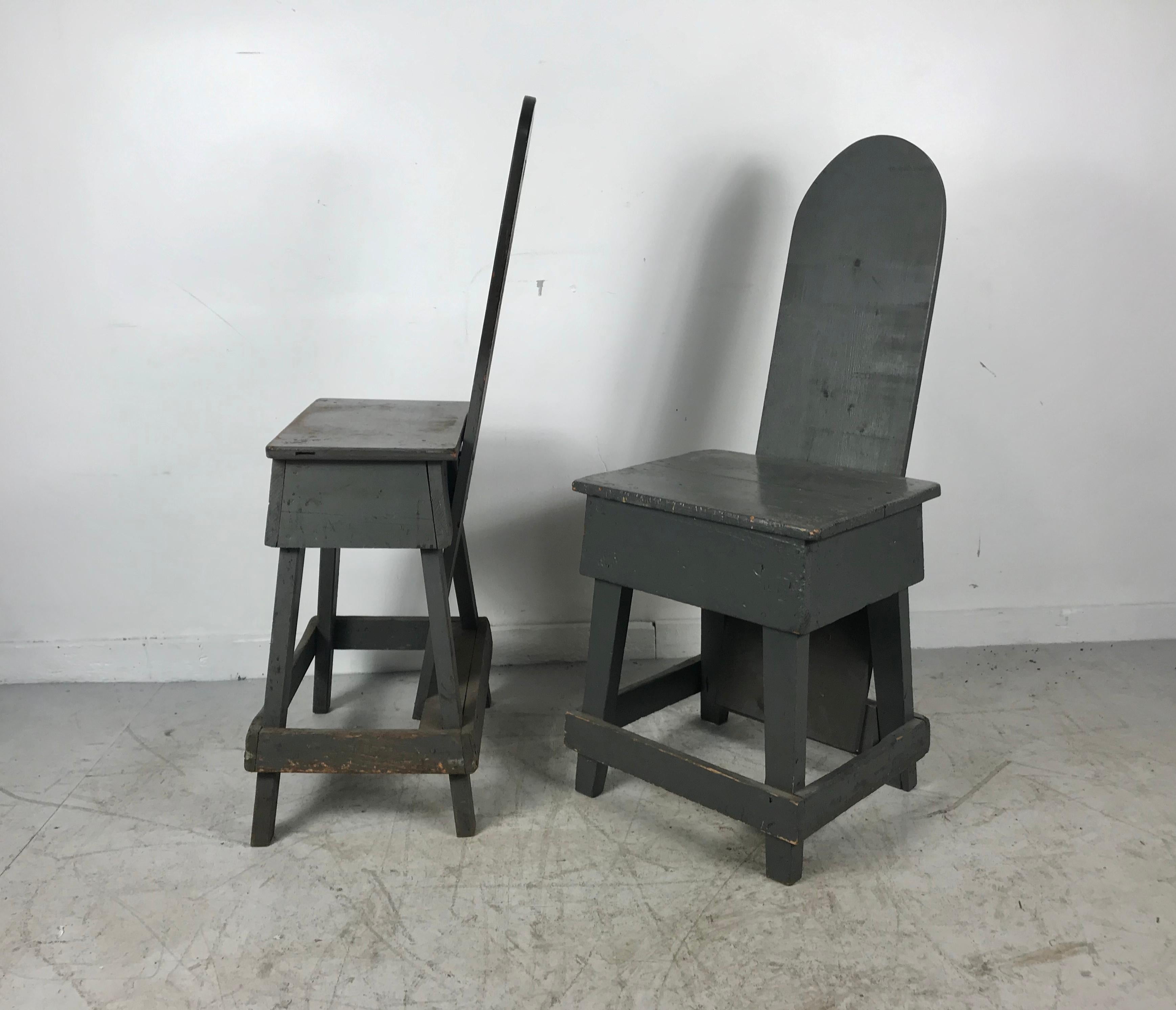 Unusual handmade factory task chairs, late 1920s, early 1930s. Retain original gray painted surface. Wonderful patina. Nice design.
