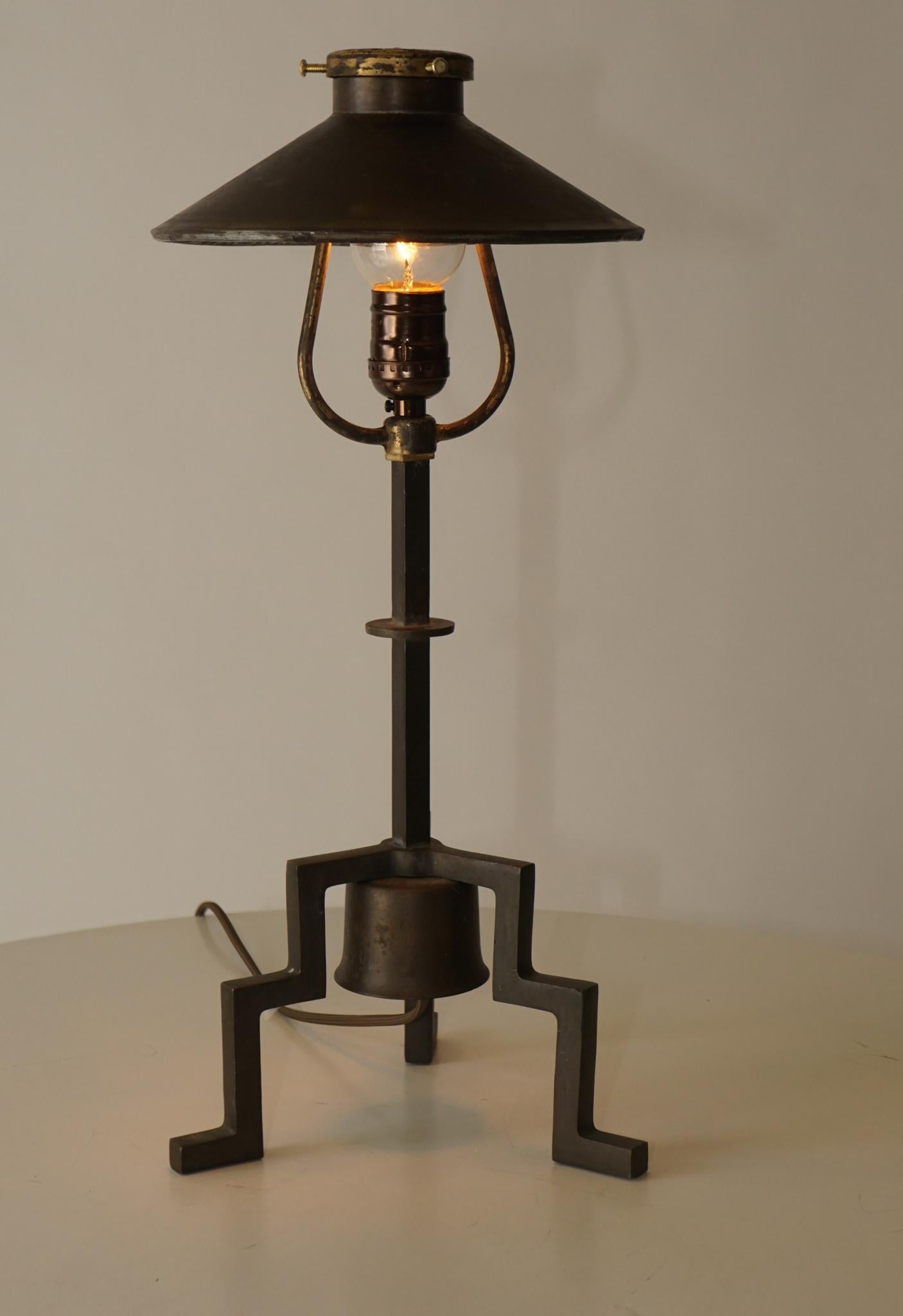 Pair of Industrial Footed Lamps with Mirrored Shades For Sale 3