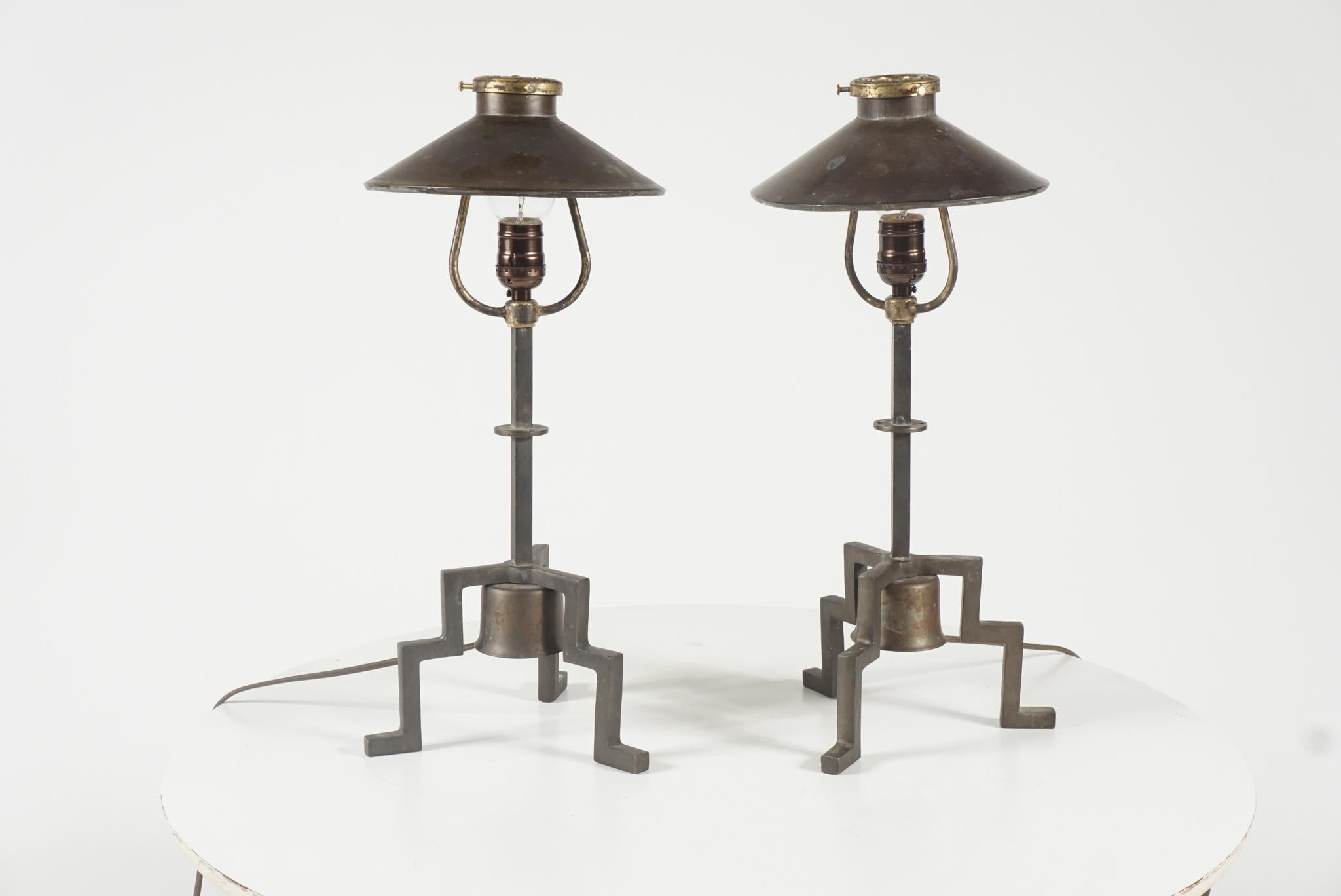 Pair of iron base lamps with painted metal shades, lined with mirror. Newly wired with dimmer beautiful design subtle light effect.