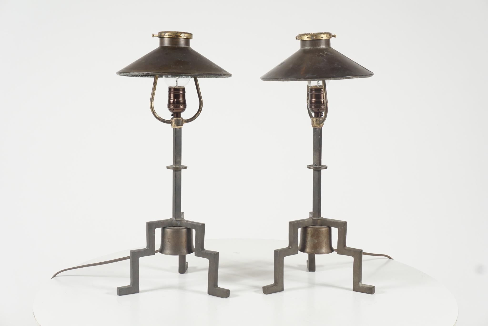 American Pair of Industrial Footed Lamps with Mirrored Shades For Sale