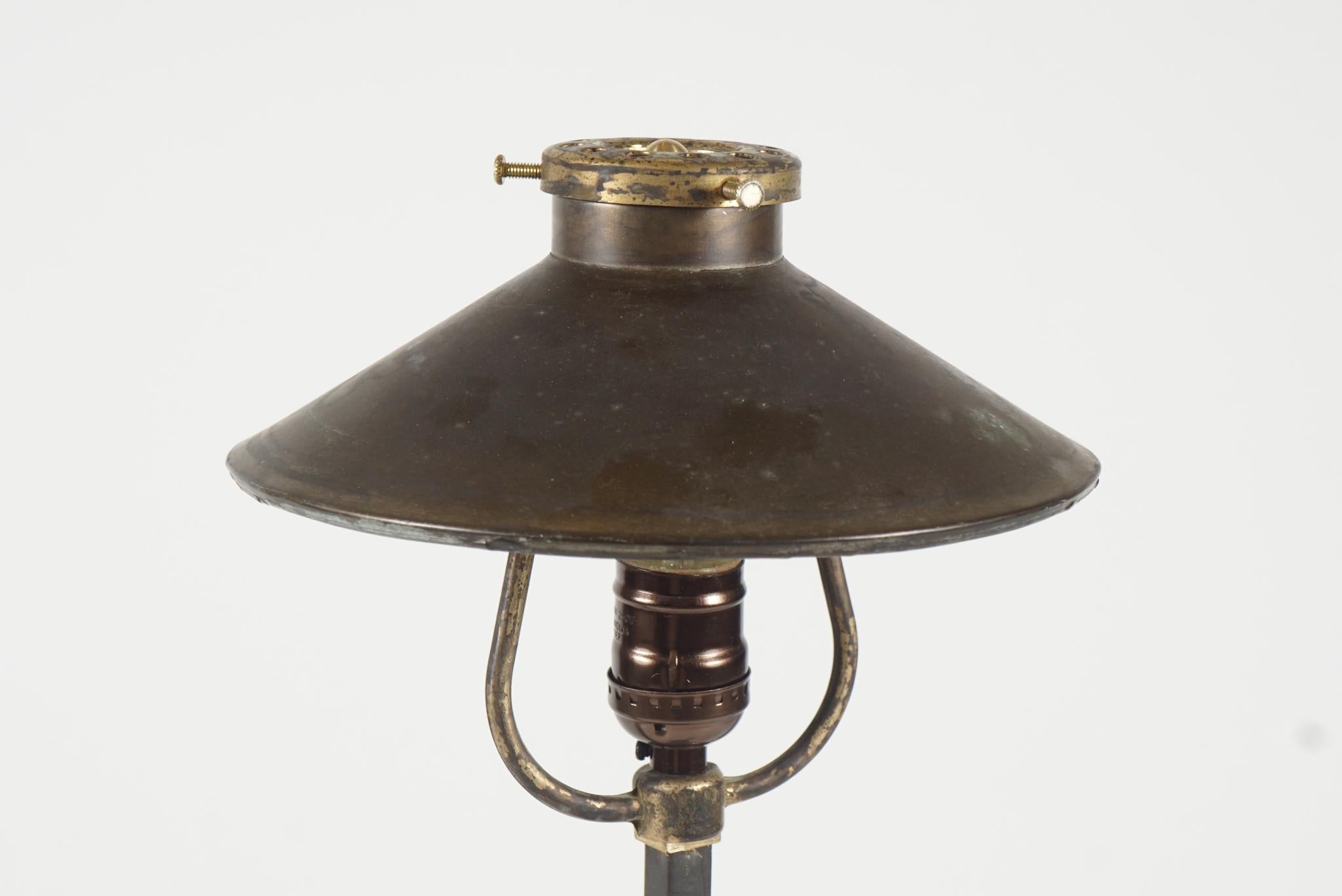 Forged Pair of Industrial Footed Lamps with Mirrored Shades For Sale