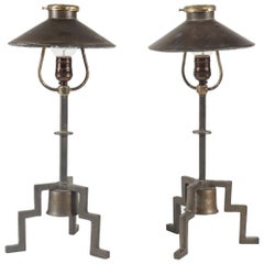 Pair of Industrial Footed Lamps with Mirrored Shades