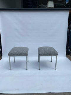 Pair Industrial Iron Stools 1960s Scandinavian Midcentury Boucle Upholstery