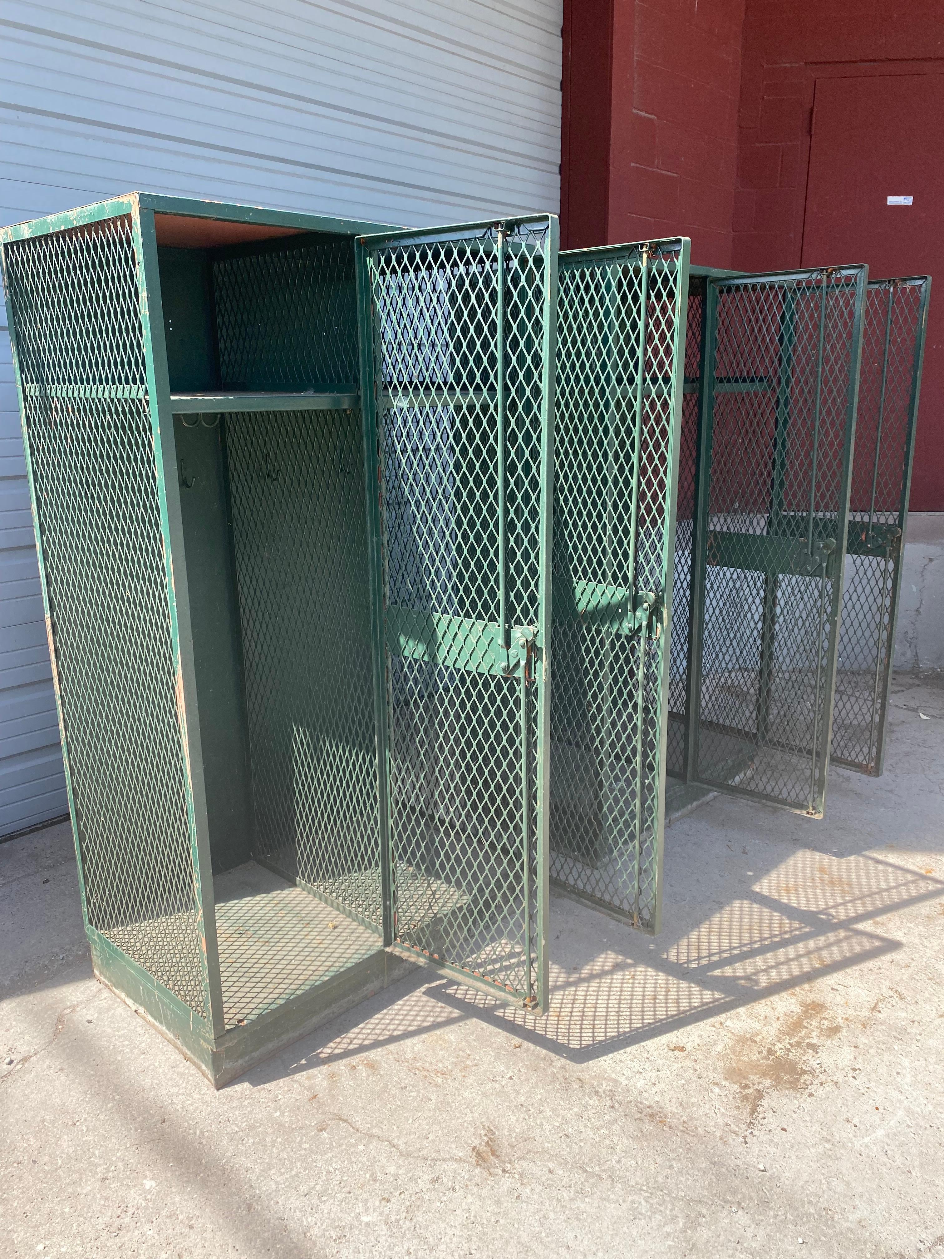 Pair industrial metal / steel cage -mesh lockers, great design, color, patina.., two door, shelves to top. Coat hooks under shelf, hand delivery avail to New York City or anywhere en route from Buffalo NY.