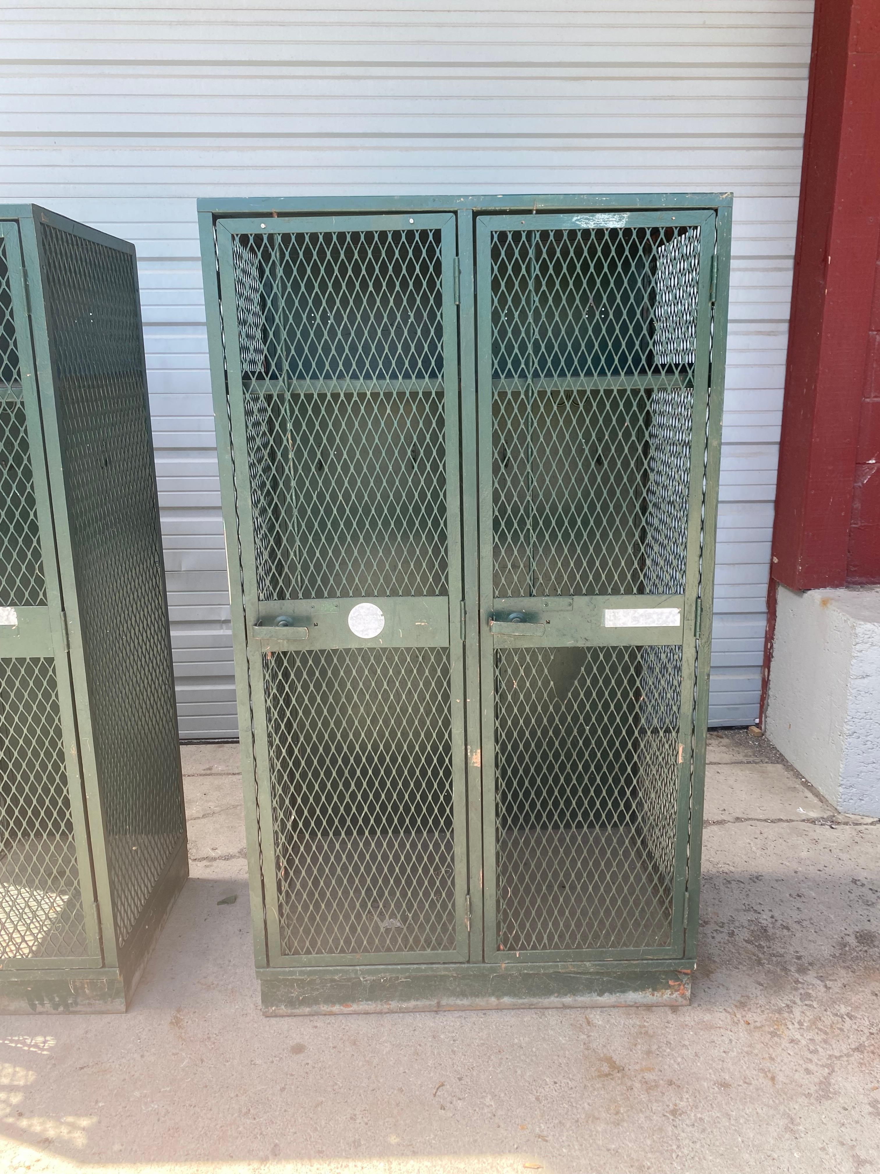 Mid-20th Century Pair Industrial Metal / Steel Cage, Mesh Lockers, Cabinets, Storage For Sale