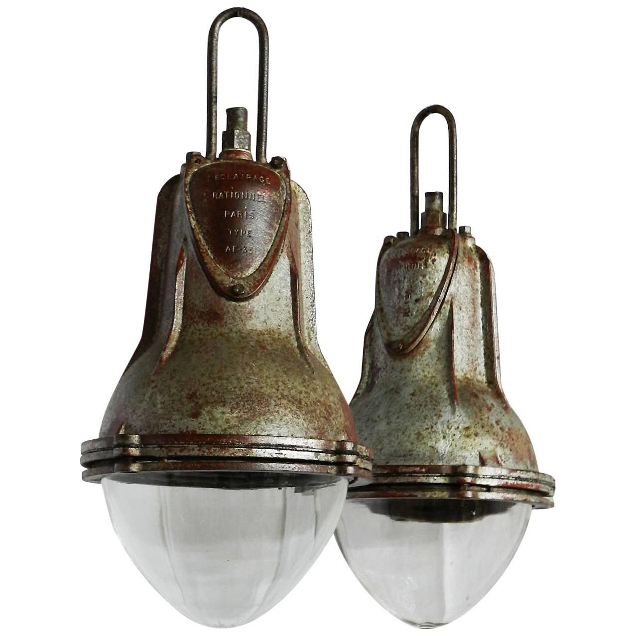 Pair Industrial Pendant Lights French Glass Iron +chains Midcentury Marked Paris For Sale